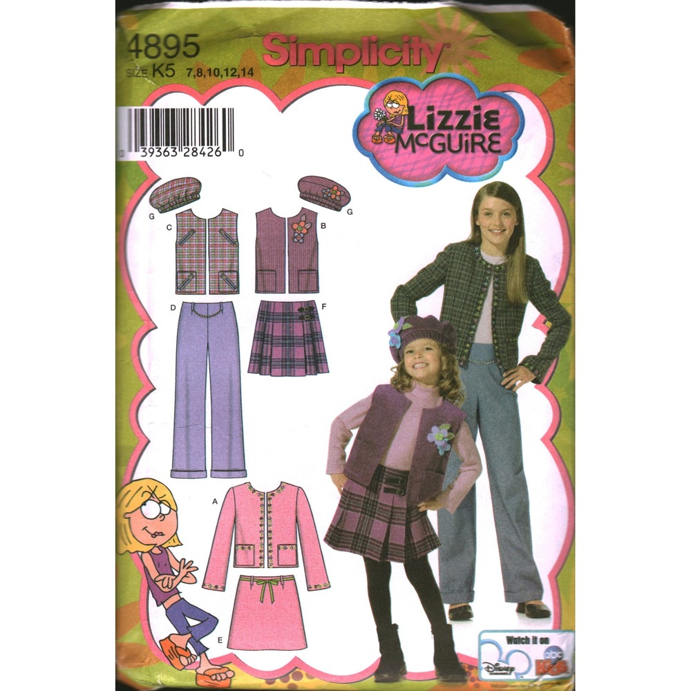Simplicity 4895 Lizzie McGuire Sewing Pattern Girls Jacket Vest Pants Skirt Hat